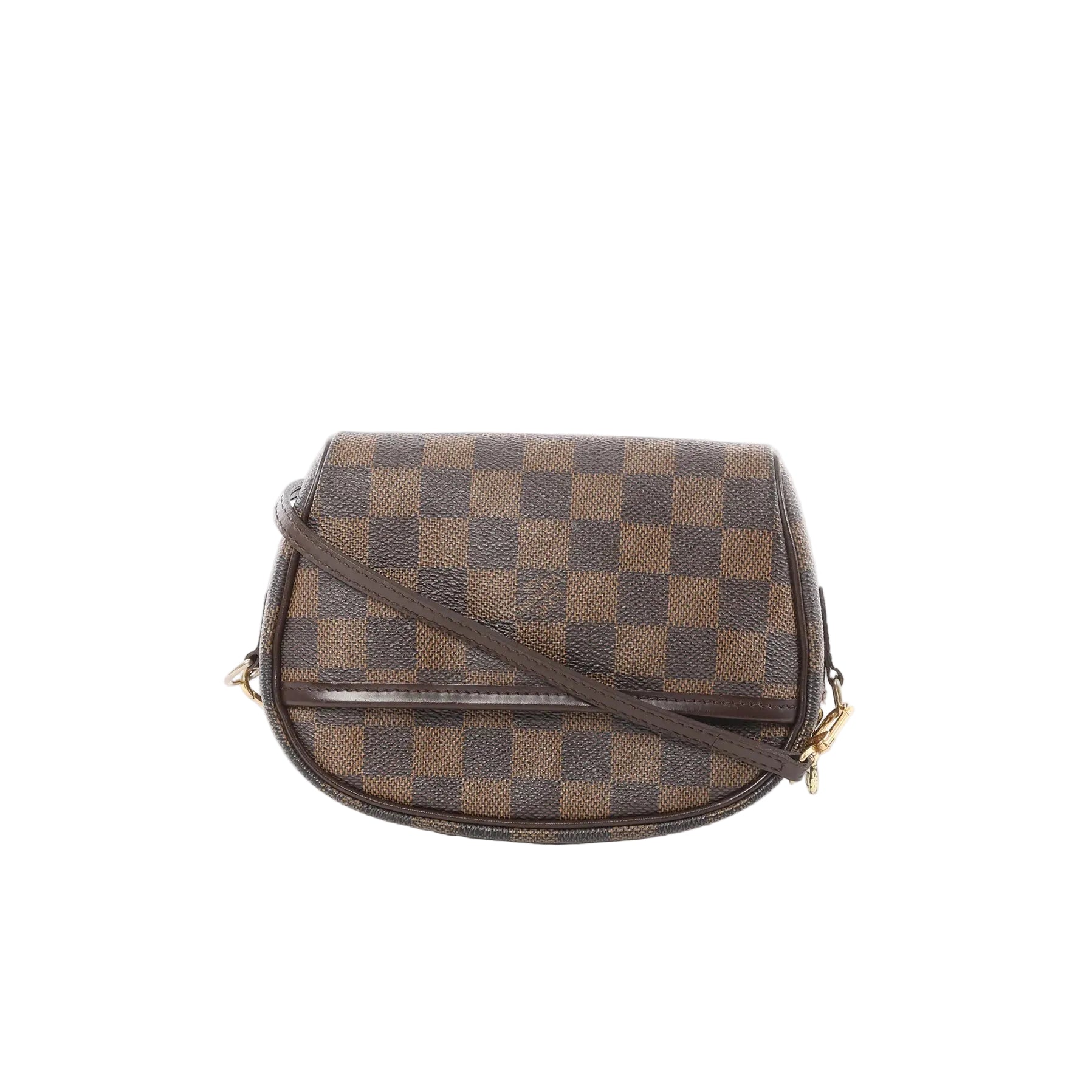 Louis Vuitton Ipanema Pochette crossbody bag in brown Damier Ebene checkered canvas with front flap, slim brown strap, and gold-tone hardware.