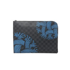 Louis Vuitton Pochette Jules GM Damier Graphite black checkered zip clutch with blue graphic print, front view on white background.
