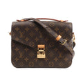Louis Vuitton Monogram Pochette Metis 2Way Handbag M44875 in brown coated canvas with iconic LV monogram, gold-tone S-lock closure, adjustable shoulder strap, and top handle, displayed on a white background.