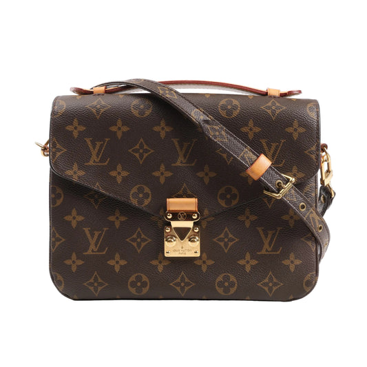 Louis Vuitton Monogram Pochette Metis 2Way Handbag M44875 in brown coated canvas with iconic LV monogram, gold-tone S-lock closure, adjustable shoulder strap, and top handle, displayed on a white background.