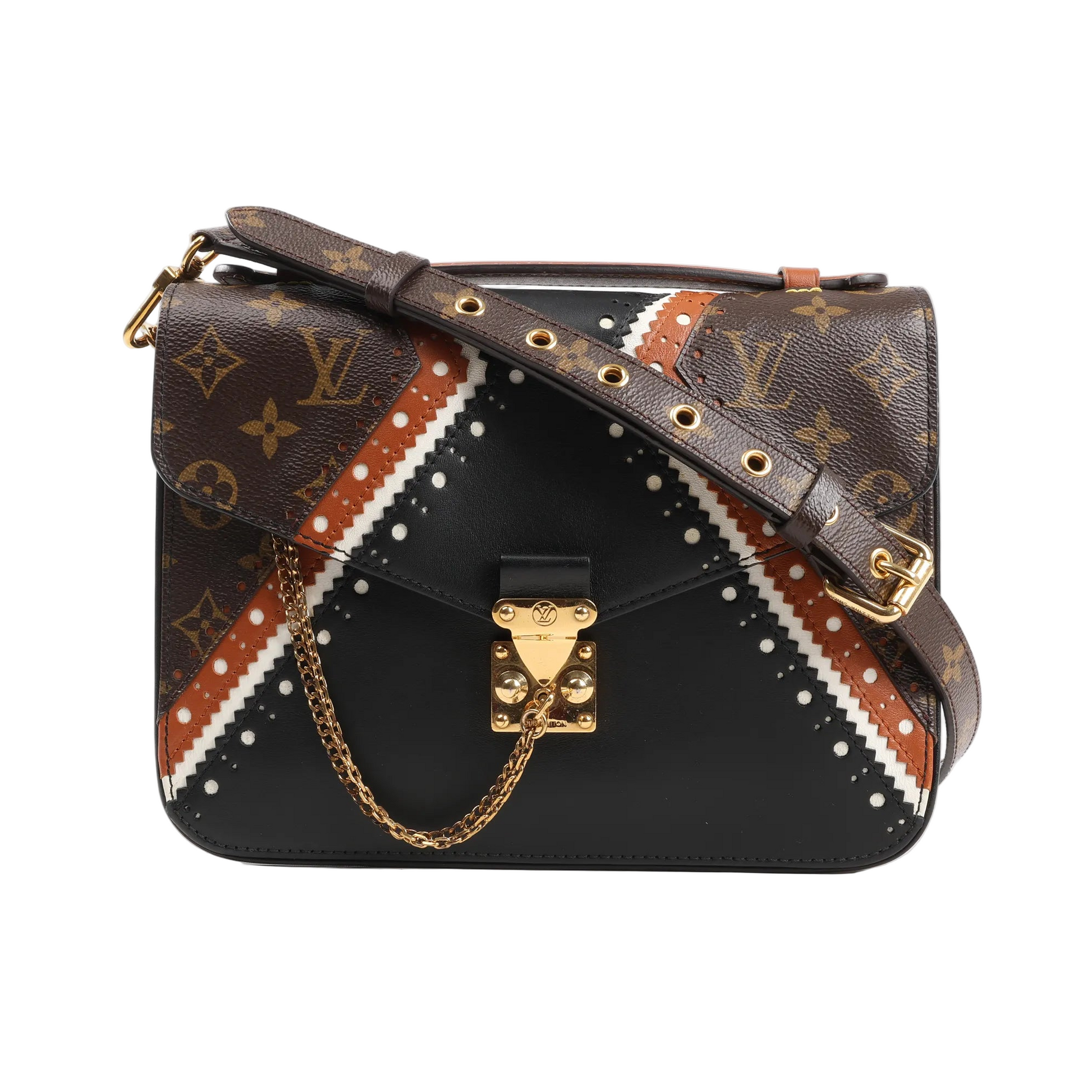 Louis Vuitton Monogram Reverse Pochette Metis MM 2Way Handbag in brown monogram canvas with black leather front, gold-tone S-lock closure, chain accent, adjustable strap with eyelets, and decorative color-block detailing.
