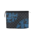 Louis Vuitton Pochette Voyage Damier Graphite black checkered zip clutch with blue graphic print and top zipper closure, front view on white background.