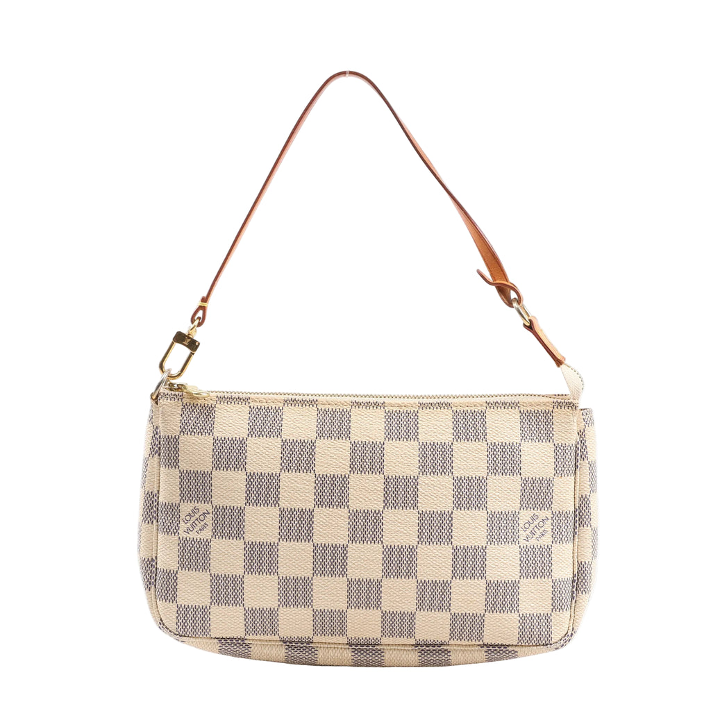 Louis Vuitton Damier Azur Pochette Accessoire Handbag N41207 featuring cream and blue checkered canvas, gold-tone zipper, and a detachable natural leather shoulder strap, displayed hanging against a white background.