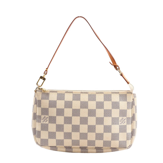 Louis Vuitton Damier Azur Pochette Accessoire Handbag N41207 featuring cream and blue checkered canvas, gold-tone zipper, and a detachable natural leather shoulder strap, displayed hanging against a white background.