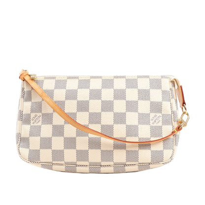 Louis Vuitton Damier Azur Pochette Accessoire Handbag N41207 in beige checkered canvas with natural leather strap and gold-tone hardware, displayed against a white background.