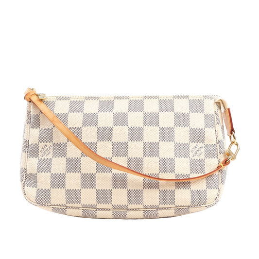 Louis Vuitton Damier Azur Pochette Accessoire Handbag N41207 in beige checkered canvas with natural leather strap and gold-tone hardware, displayed against a white background.