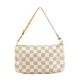 Louis Vuitton Pochette Accessoires N41207 handbag in beige Damier Azur canvas with gold-tone zipper and natural cowhide leather shoulder strap.