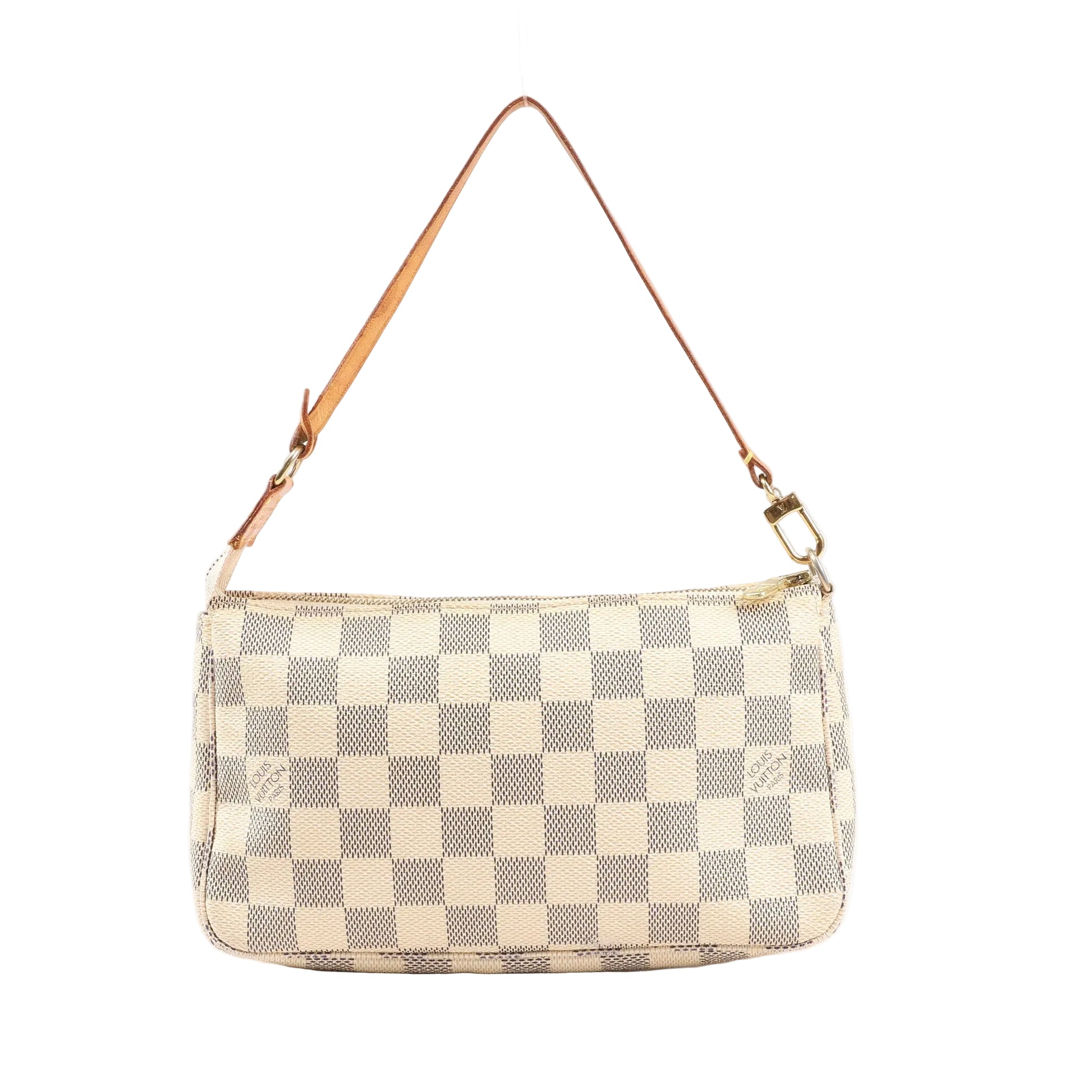 Louis Vuitton Pochette Accessoires N41207 handbag in beige Damier Azur canvas with gold-tone zipper and natural cowhide leather shoulder strap.