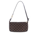 Brown Louis Vuitton Pochette Accessoire in Damier Ebene canvas with dark leather shoulder strap, top zip closure and gold-tone hardware.
