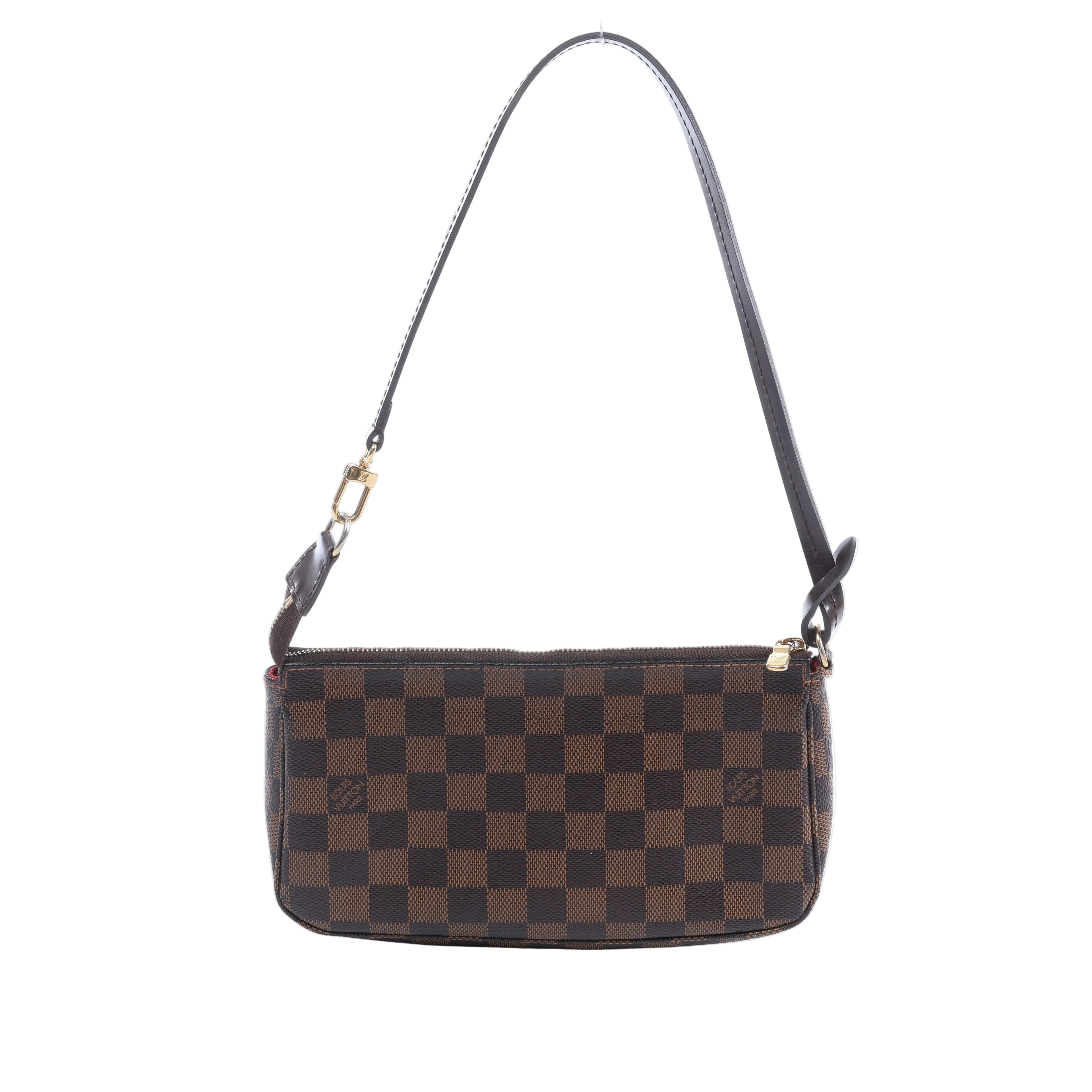 Brown Louis Vuitton Pochette Accessoire in Damier Ebene canvas with dark leather shoulder strap, top zip closure and gold-tone hardware.