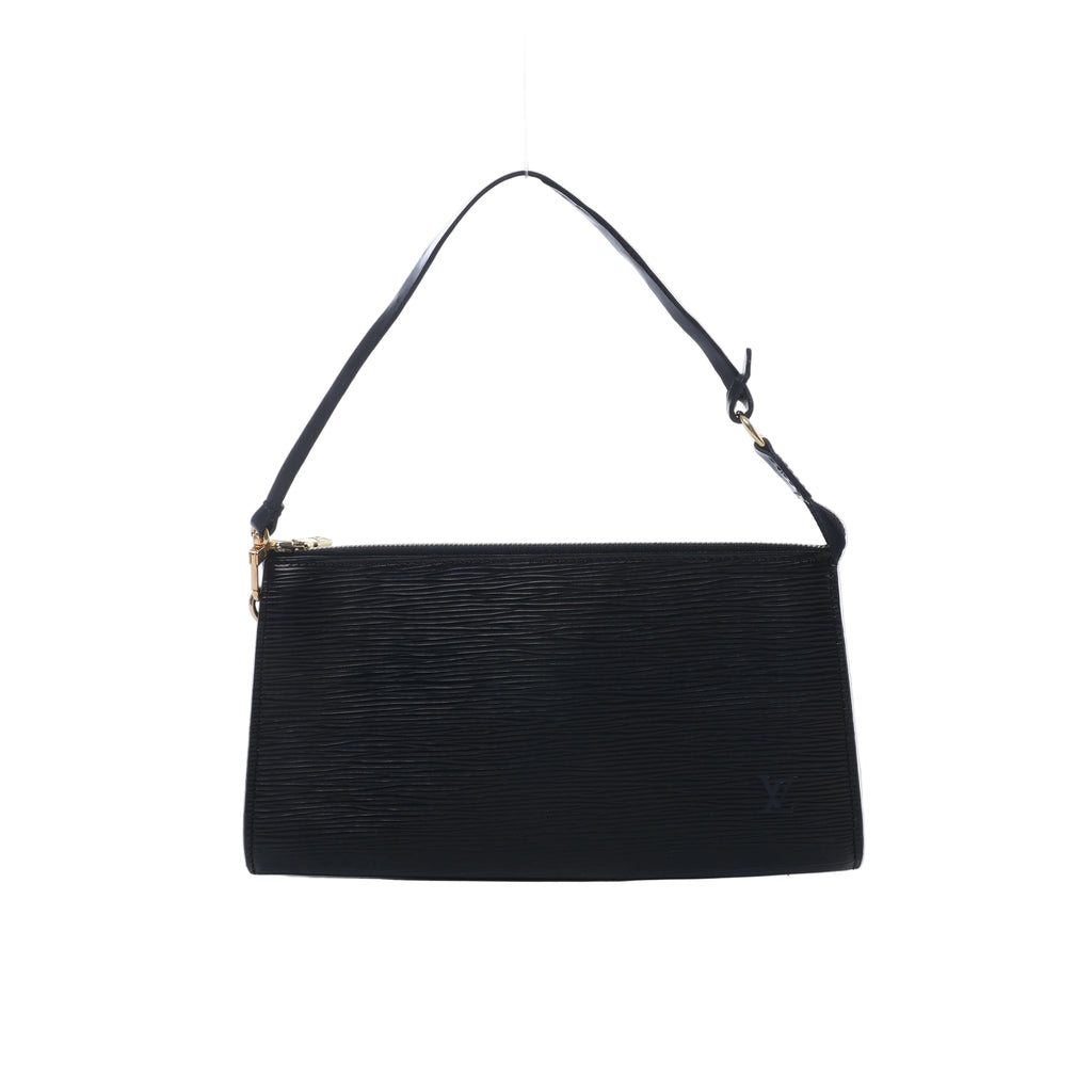 Black Louis Vuitton Pochette Accessoire in textured Epi leather with slim shoulder strap, top zip closure and gold-tone hardware.