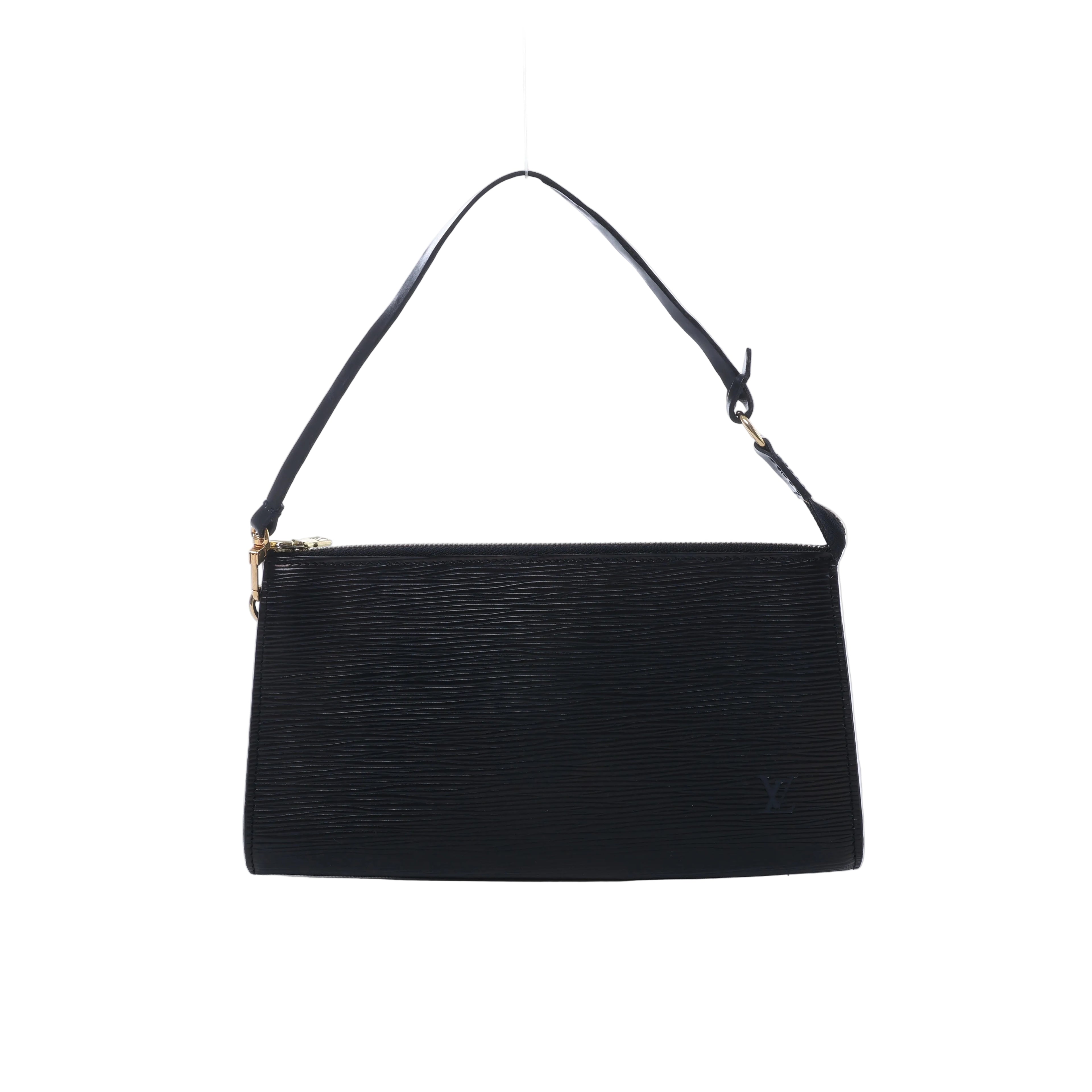 Black Louis Vuitton Pochette Accessoire in textured Epi leather with slim shoulder strap, top zip closure and gold-tone hardware.