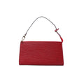 Red Louis Vuitton Pochette Accessoire in textured Epi leather with slim shoulder strap, top zip closure and gold-tone hardware.