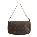 Louis Vuitton Pochette Accessoires handbag in brown Monogram canvas with natural leather strap and gold-tone hardware, featuring the iconic LV monogram pattern.