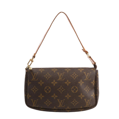 Louis Vuitton Pochette Accessoires handbag in brown Monogram canvas with natural leather strap and gold-tone hardware, featuring the iconic LV monogram pattern.