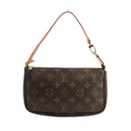 Louis Vuitton Pochette Accessoires handbag in brown Monogram canvas with natural leather strap, gold-tone zipper, and signature LV monogram pattern.