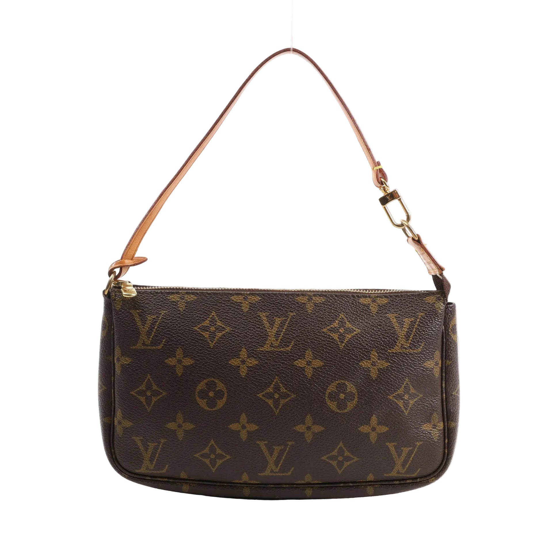 Louis Vuitton Pochette Accessoires handbag in brown Monogram canvas with natural leather strap, gold-tone zipper, and signature LV monogram pattern.