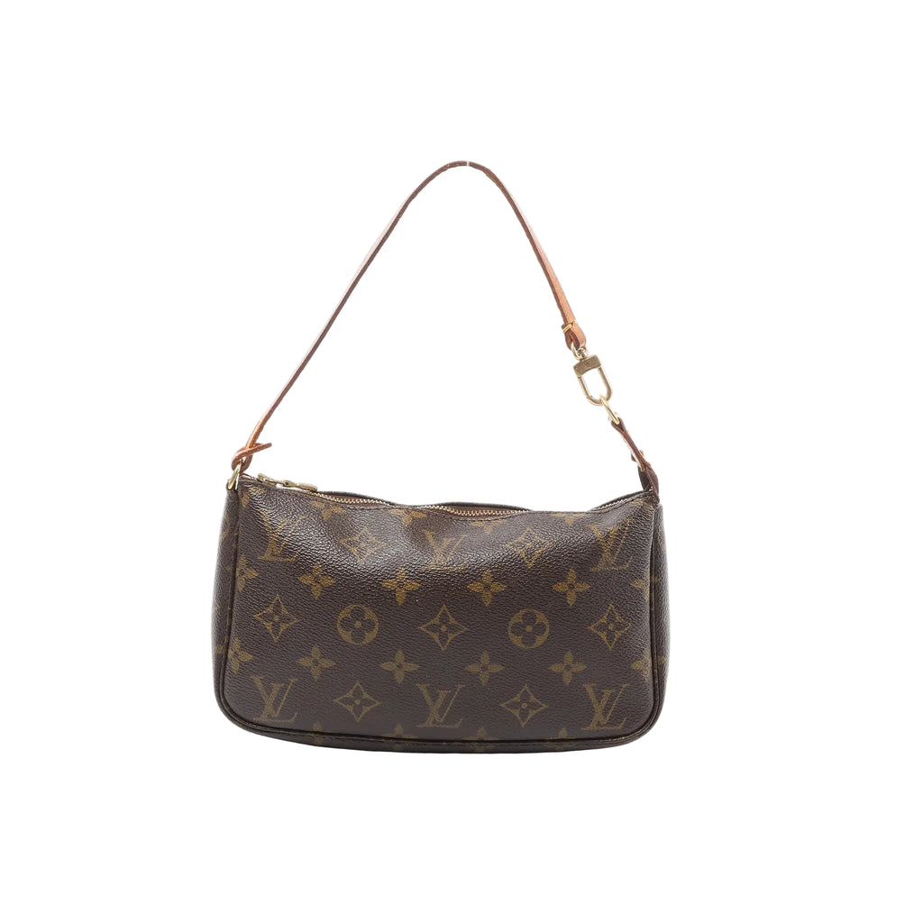 Louis Vuitton Pochette Accessoires handbag in brown Monogram canvas with natural leather shoulder strap, gold-tone hardware, and zip-top closure.