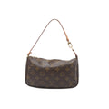 Louis Vuitton Pochette Accessoires handbag in brown Monogram canvas with natural leather shoulder strap, gold-tone hardware, and zip-top closure.