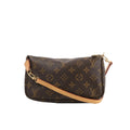 Louis Vuitton Pochette Accessoires bag in brown Monogram canvas with zip-top closure, tan leather strap, and gold-tone hardware.