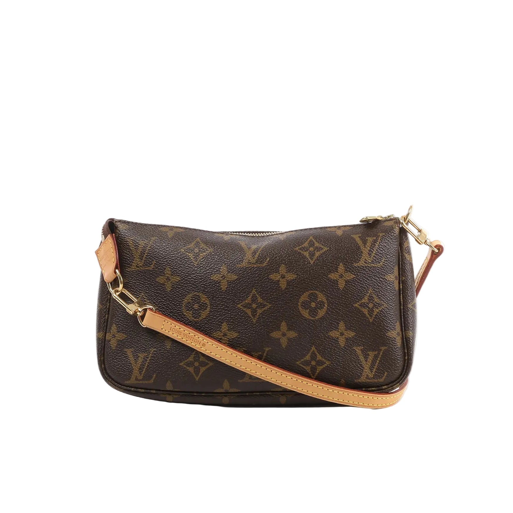 Louis Vuitton Pochette Accessoires bag in brown Monogram canvas with zip-top closure, tan leather strap, and gold-tone hardware.