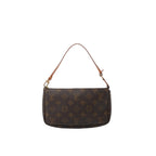 Louis Vuitton Pochette Accessoires handbag in brown Monogram canvas with slim tan leather shoulder strap on white background