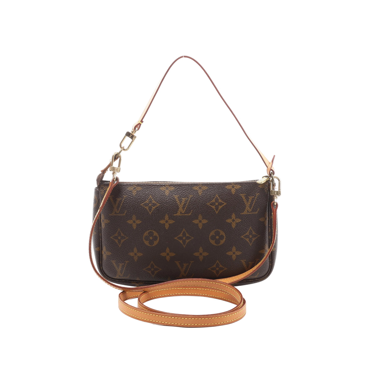 Brown Louis Vuitton Pochette Accessoires Monogram canvas bag with tan leather short and long straps, zip-top closure and gold-tone hardware.
