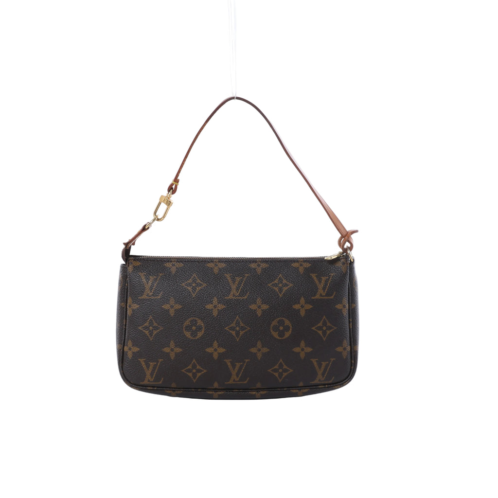 Brown Louis Vuitton Pochette Accessoires Monogram bag with a tan leather shoulder strap and gold-tone hardware on a white background.