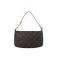 Brown Louis Vuitton Pochette Accessoires Monogram bag with a tan leather shoulder strap and gold-tone hardware on a white background.