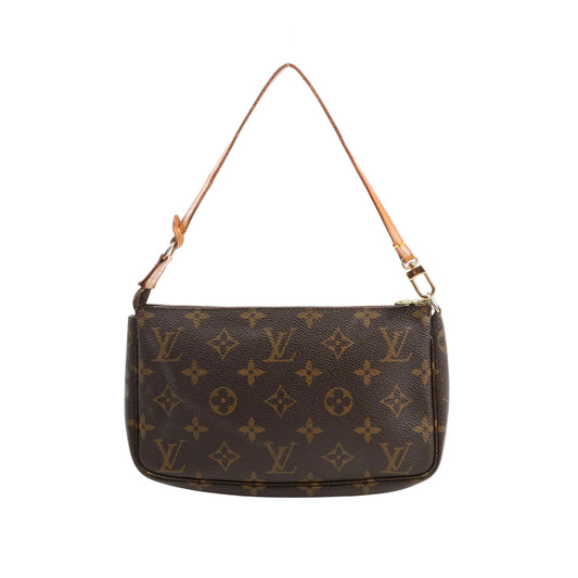 Louis Vuitton Pochette Accessoires handbag in brown Monogram canvas with natural leather shoulder strap, gold-tone zipper, and compact rectangular silhouette.
