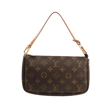 Louis Vuitton Pochette Accessoires handbag in brown Monogram coated canvas with natural leather shoulder strap, gold-tone zipper, and classic LV monogram pattern throughout.