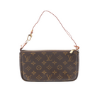 Brown Louis Vuitton Pochette Accessoire Monogram canvas bag with tan leather shoulder strap, top zip closure and gold-tone hardware.