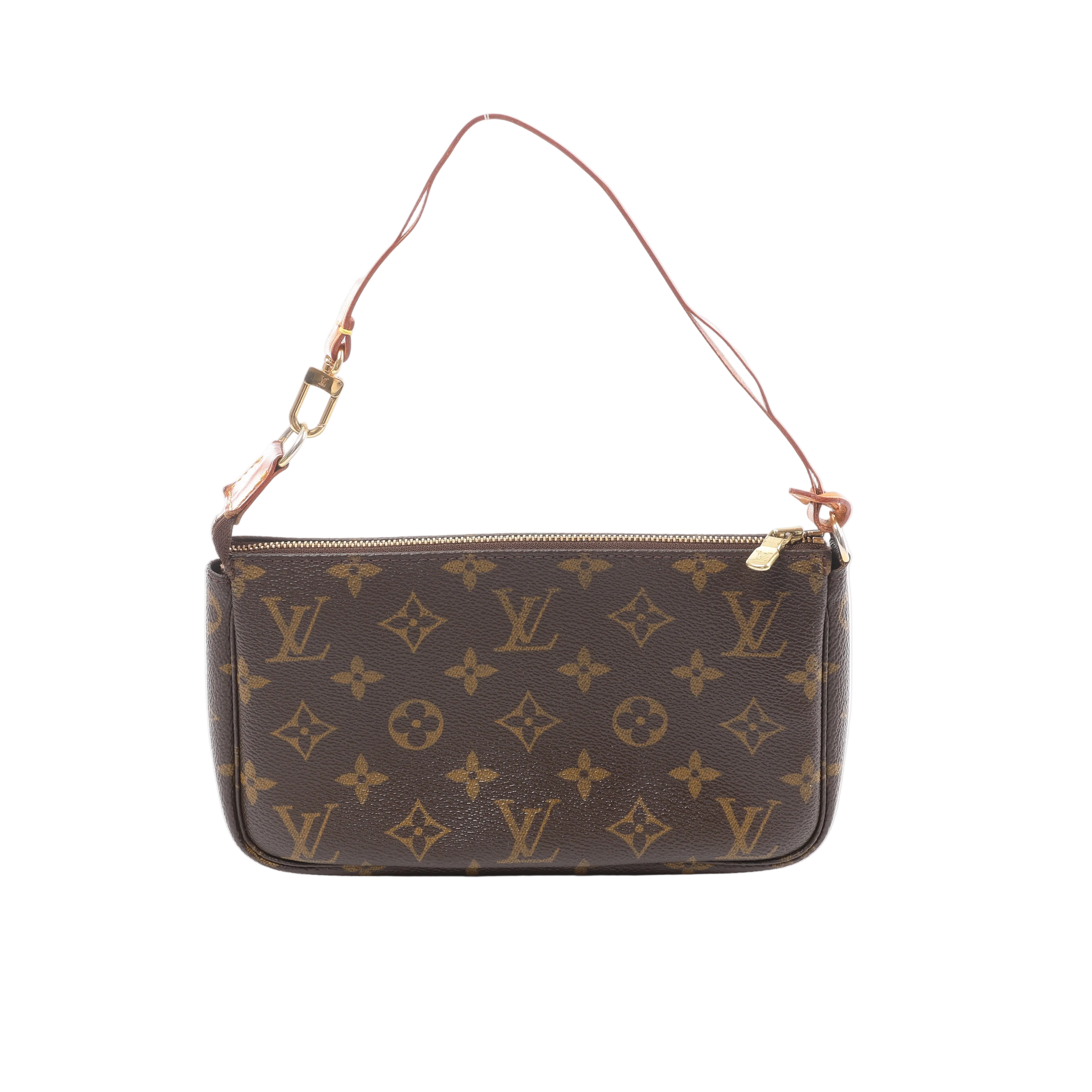 Brown Louis Vuitton Pochette Accessoire Monogram canvas bag with tan leather shoulder strap, top zip closure and gold-tone hardware.