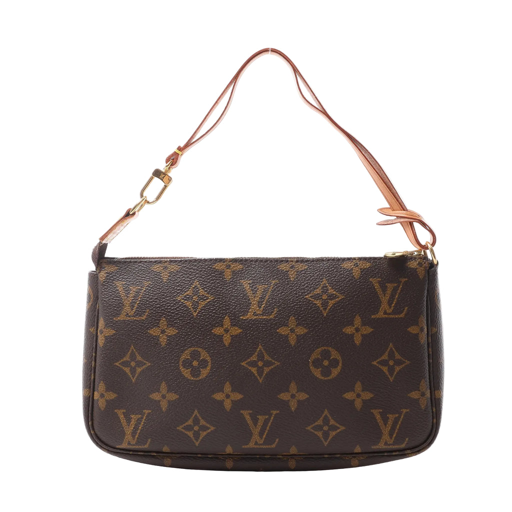 Louis Vuitton Pochette Accessoires handbag in brown Monogram coated canvas with natural leather shoulder strap, gold-tone hardware and zip-top closure on a white background.