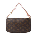 Louis Vuitton Pochette Accessoires handbag in brown Monogram coated canvas with natural leather shoulder strap, gold-tone hardware and zip-top closure on a white background.