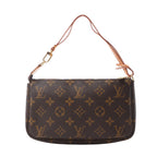 Louis Vuitton Pochette Accessoires handbag in brown Monogram coated canvas with natural leather shoulder strap, gold-tone hardware and zip-top closure on a white background.