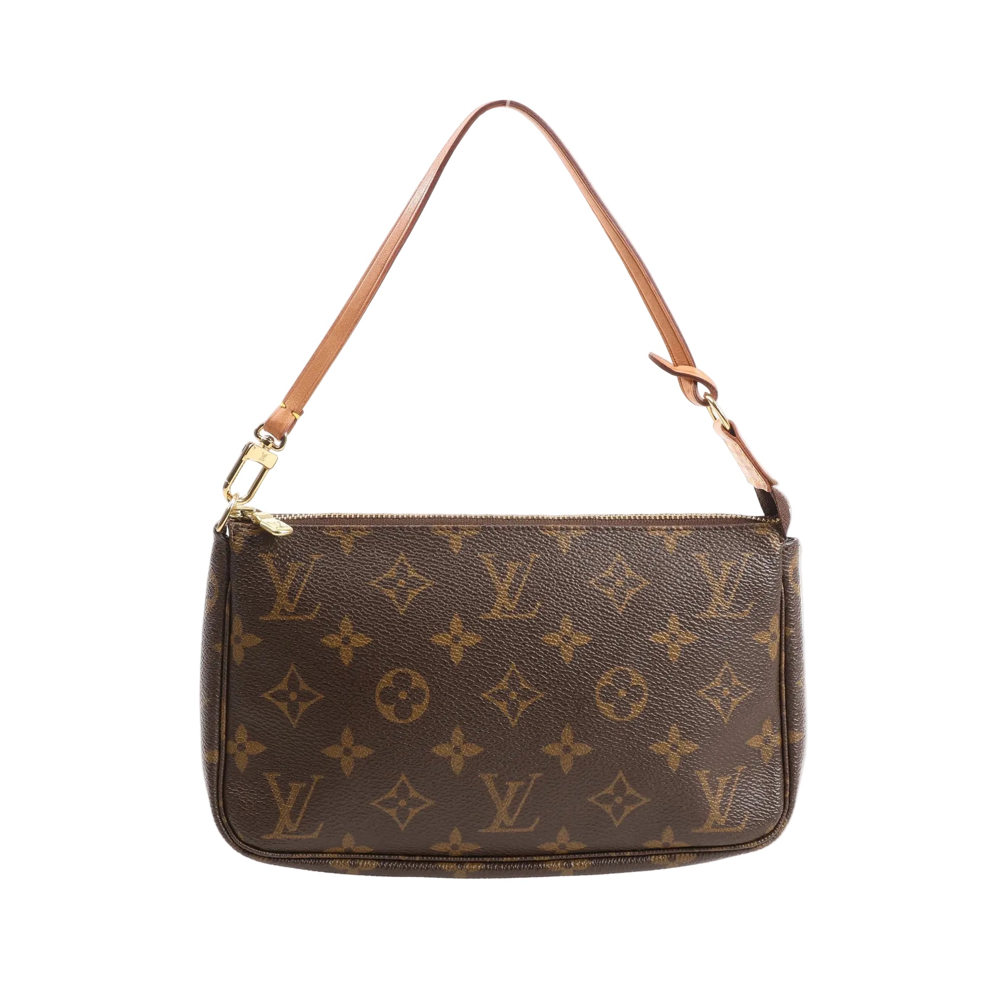Louis Vuitton Pochette Accessoires handbag M51980 in brown Monogram Canvas with natural leather shoulder strap, gold-tone hardware, and top zip closure.