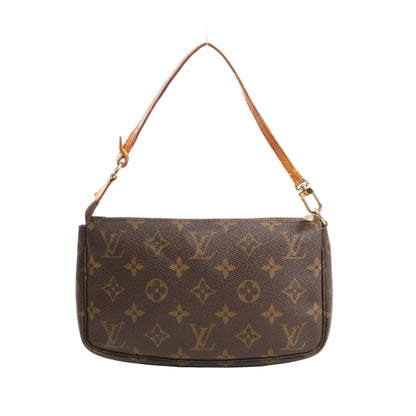 Louis Vuitton Pochette Accessoires handbag in brown Monogram canvas with natural leather strap, gold-tone zipper, and allover LV monogram pattern.