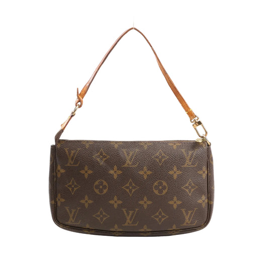Louis Vuitton Pochette Accessoires handbag in brown Monogram canvas with natural leather strap, gold-tone zipper, and allover LV monogram pattern.