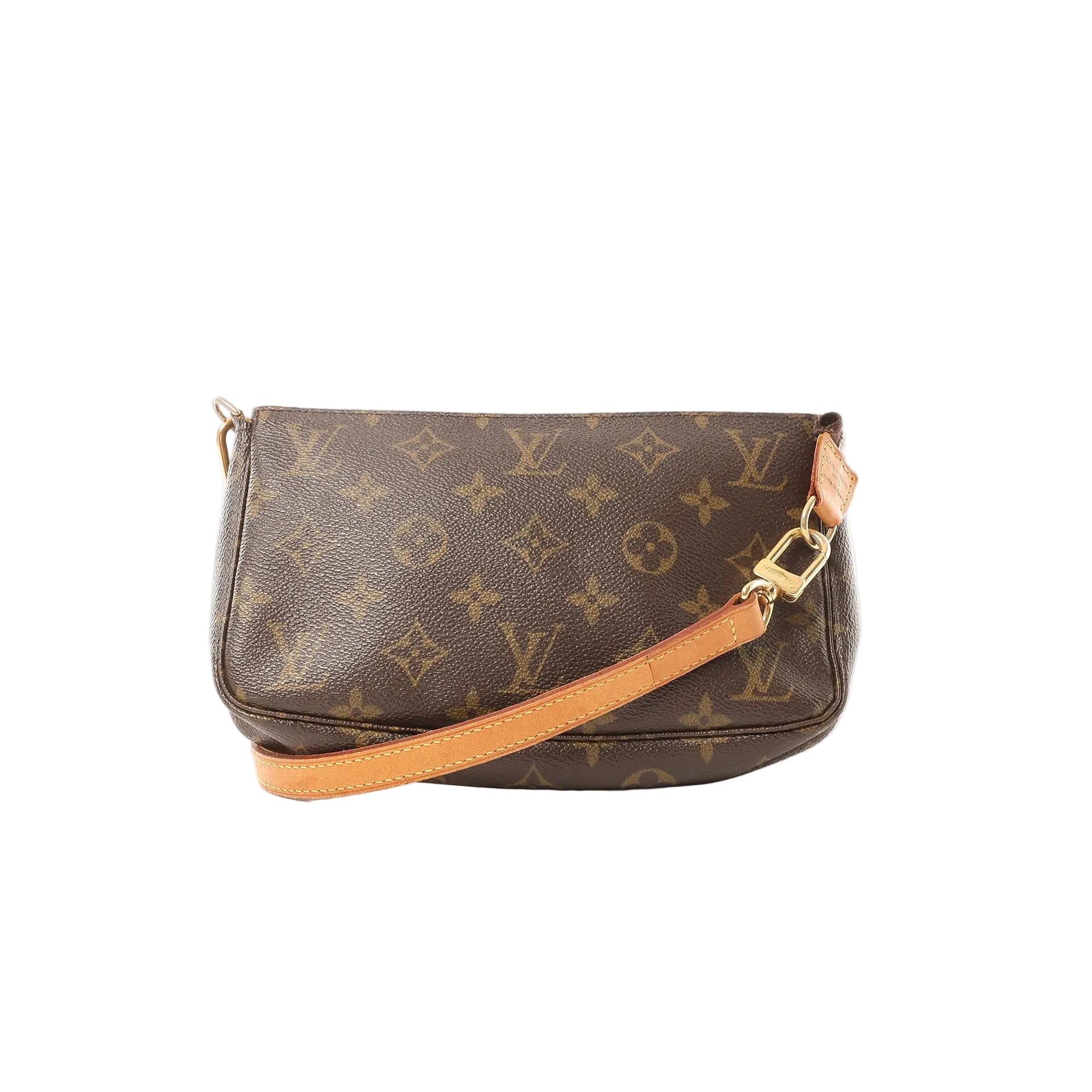 Brown Louis Vuitton Pochette Accessoires Monogram canvas bag with tan leather crossbody strap and gold-tone clasp hardware on a white background.