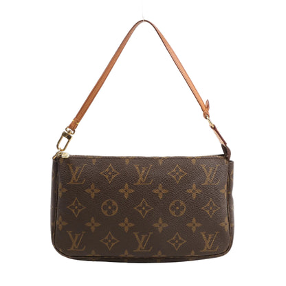 Louis Vuitton Pochette Accessoires handbag M51980 in brown Monogram canvas, featuring natural leather shoulder strap, gold-tone zipper closure, and classic LV monogram pattern throughout.