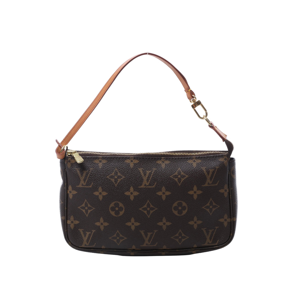 Brown Louis Vuitton Pochette Accessoire Monogram canvas bag with tan shoulder strap, top zip closure and gold-tone hardware.