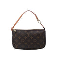 Brown Louis Vuitton Pochette Accessoire Monogram canvas bag with tan shoulder strap, top zip closure and gold-tone hardware.