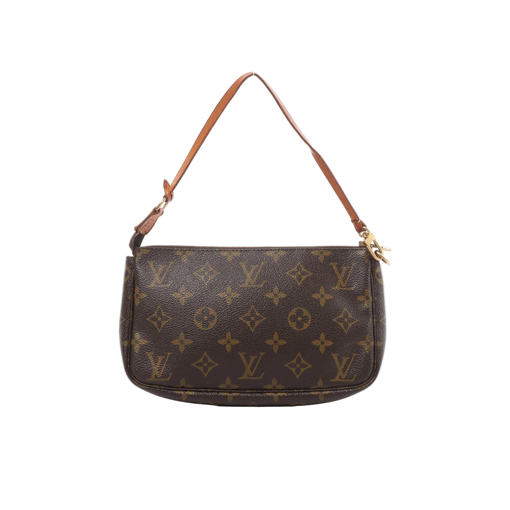Brown Louis Vuitton Pochette Accessoires Monogram canvas bag with a natural leather shoulder strap and gold-tone clasp.