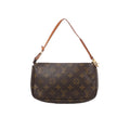 Brown Louis Vuitton Pochette Accessoires Monogram canvas bag with a natural leather shoulder strap and gold-tone clasp.