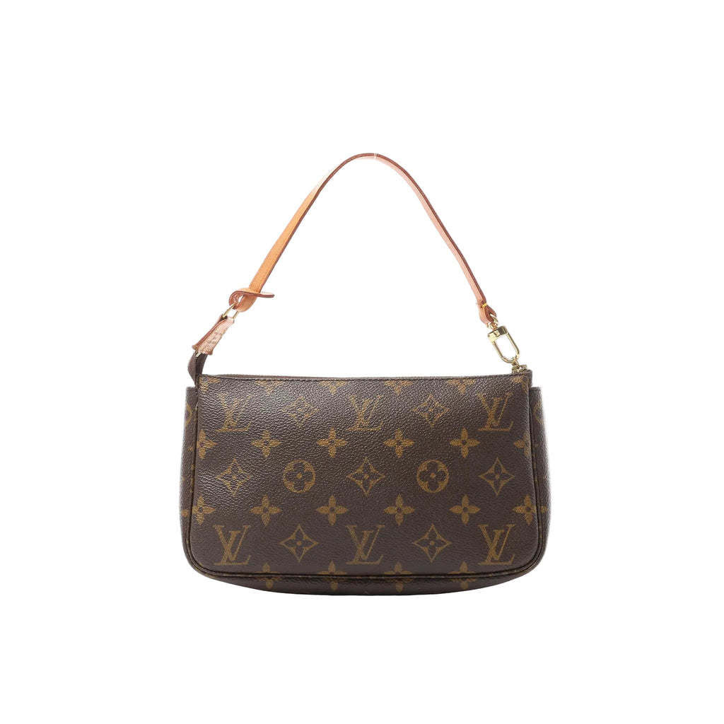 Louis Vuitton Pochette Accessoires handbag in brown Monogram canvas with natural leather shoulder strap, gold-tone hardware, and zip-top closure.