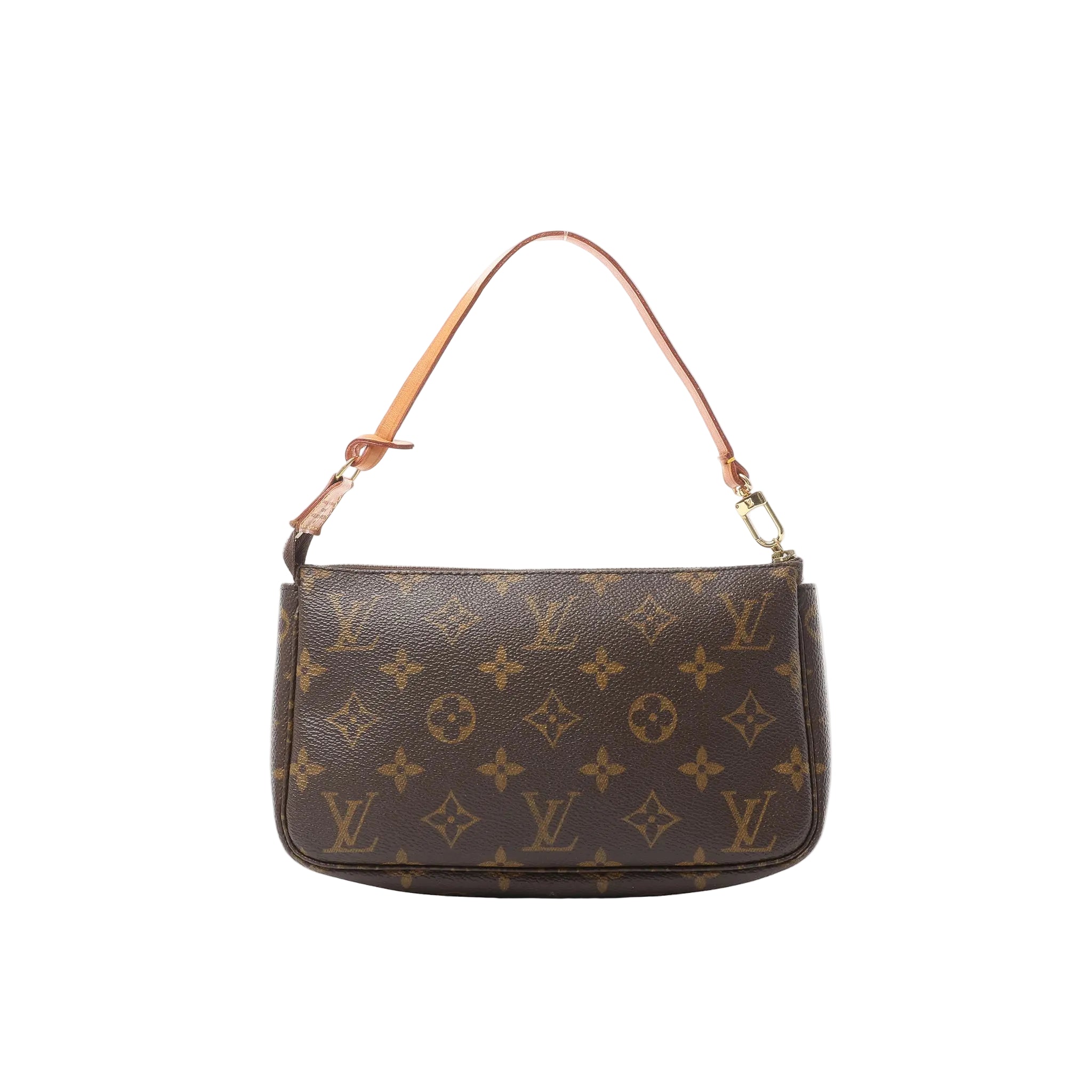 Louis Vuitton Pochette Accessoires handbag in brown Monogram canvas with natural leather shoulder strap, gold-tone hardware, and zip-top closure.