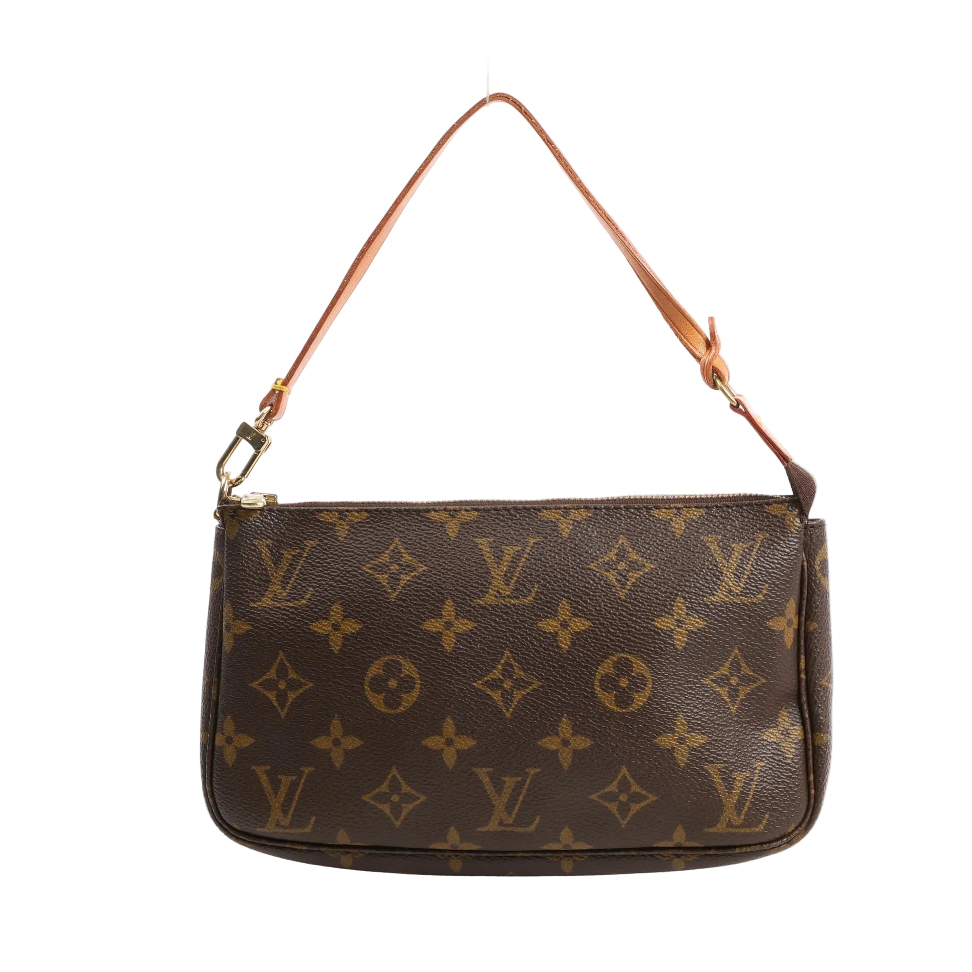 Front view of the Louis Vuitton Pochette Accessoires handbag M51980 in brown Monogram canvas, featuring a natural leather shoulder strap, gold-tone zipper, and iconic LV pattern.