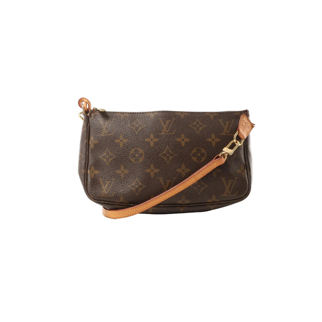 Louis Vuitton Pochette Accessoires Monogram canvas bag with vachetta leather crossbody strap, gold-tone hardware, and brown coated canvas, front view on a white background.