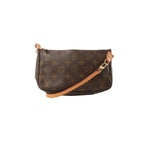Louis Vuitton Pochette Accessoires Monogram canvas bag with vachetta leather crossbody strap, gold-tone hardware, and brown coated canvas, front view on a white background.